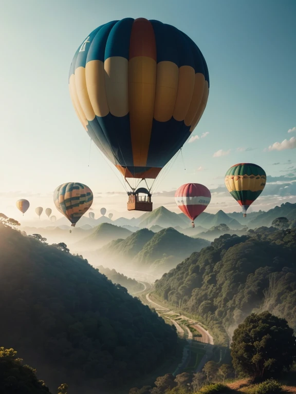 ((top-quality、in 8K、​masterpiece:1.3、Raw photo))、Super high quality photos, Hot air balloon flying high above the vast jungle, Under the balloon is a vast tropical jungle, (Photorealistic: 1.4), (hyper realisitic: 1.4), (Realistic: 1.3), (Smooth lighting: ...