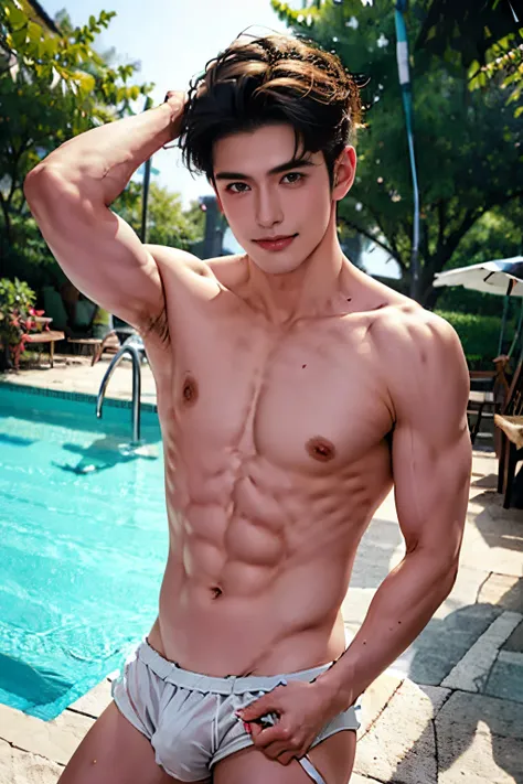 Alafid boy wearing stylish white thong, fully body photo, Short hair details, look at a camera, facial part details, Masculinity, Muscle tissue，magic tutor, male people, ovum , Pool background, A sexy pose, sex magic, perfect anatomia, symmetric body, Asia...