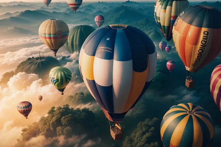 ((top-quality、in 8K、​masterpiece:1.3、Raw photo))、Super high quality photos, Hot air balloon flying high above the vast jungle, Under the balloon is a vast tropical jungle, (Photorealistic: 1.4), (hyper realisitic: 1.4), (Realistic: 1.3), (Smooth lighting: ...