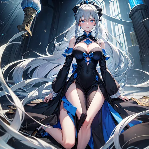 （Enrich the picture，Masterpiece level quality）Beautiful 8K CG artwork，morgan le fay (fate), blue eyes, Long Hair, pony tail,Very long hair, big boob, black bow, looking at viewer, gown, Hair Bow, thights, thights, black dress, Bangs, side locks, French bra...