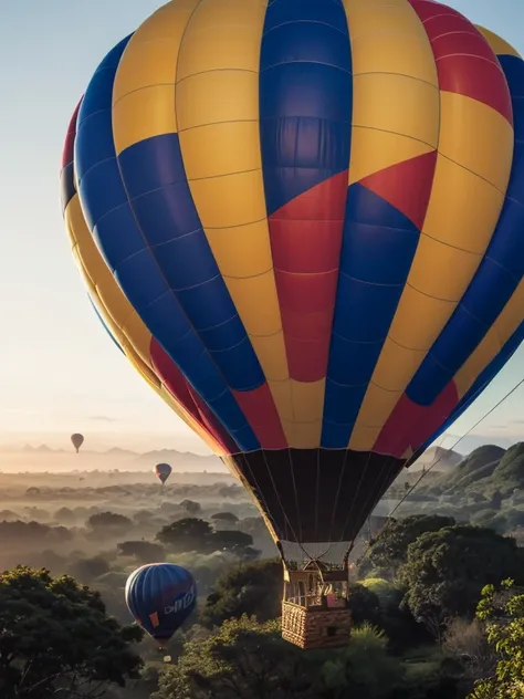 ((top-quality、in 8K、​masterpiece:1.3、Raw photo))、Super high quality photos, Hot air balloon flying high above the vast jungle, Under the balloon is a vast tropical jungle, (Photorealistic: 1.4), (hyper realisitic: 1.4), (Realistic: 1.3), (Smooth lighting: ...