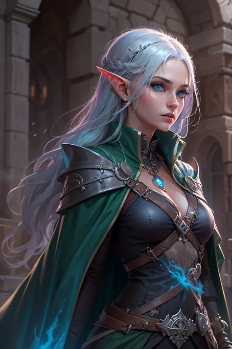 medieval setting, full view of body, 1 female elf mage,beatiful blue eyes, silver hair, black mage robe