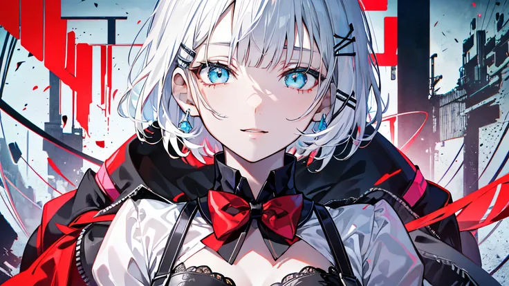 detectivesiesta, Smile, Short hair, Bangs, Blue eyes, Shirt, Hair Ornament, Long sleeves, Dress, Bow, White hair, hair clips, Blunt bangs, bowtie, Red bow, X Hair Ornament, red bowtie, siesta, (medium breasts⁩:1.2), BREAK looking at viewer, BREAK outside, ...