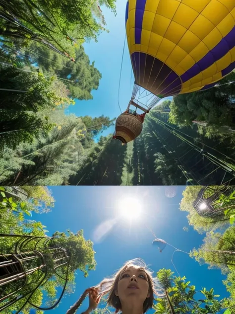 ((top-quality、in 8K、​masterpiece:1.3、Raw photo))、Super high quality photos, Hot air balloon flying high above the vast jungle, Under the balloon is a vast tropical jungle, (Photorealistic: 1.4), (hyper realisitic: 1.4), (Realistic: 1.3), (Smooth lighting: ...