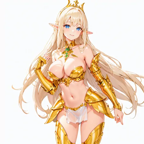 ​masterpiece、top-quality、ighly detailed、hight resolution、１６ｋ、fullnude、teats、Boob proportions、golden armour、Very thin skirt、Black pants、Full body like、Very white skin、Beautiful fingers、Anime girl with very big breasts posing naked、Perfect Style、elvish、no-br...