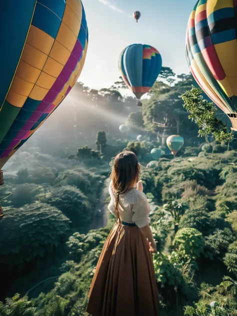 ((top-quality、in 8K、​masterpiece:1.3、Raw photo))、Super high quality photos, Hot air balloon flying high above the vast jungle, Under the balloon is a vast tropical jungle, (Photorealistic: 1.4), (hyper realisitic: 1.4), (Realistic: 1.3), (Smooth lighting: ...