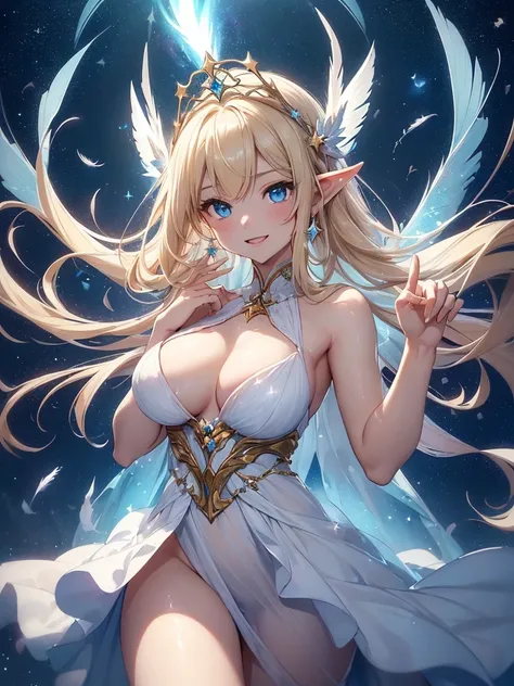 top-quality、Top image quality、​masterpiece、Full body naked girl((20yr old、Best Bust、big bast、Bust 90,Beautiful blue eyes、,Blonde long hair、A slender、Fairy feathers、close-up fly in the sky、sideways Facing、Floating in the light、beautiful tiara、hiquality、Beau...