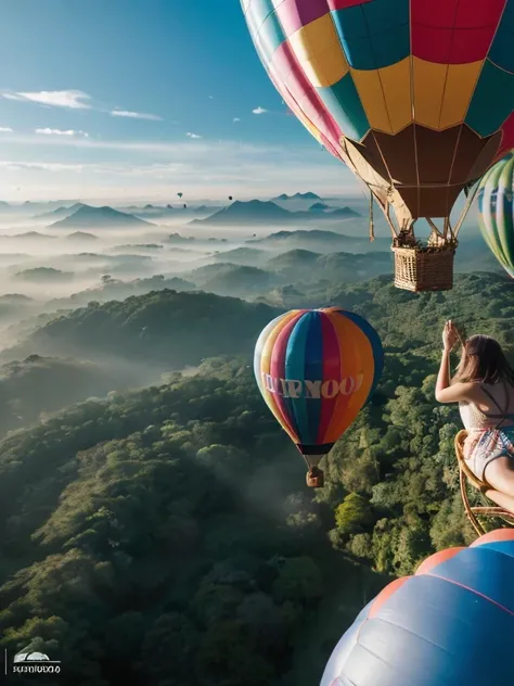 ((top-quality、in 8K、​masterpiece:1.3、Raw photo))、Super high quality photos, Hot air balloon flying high above the vast jungle, Under the balloon is a vast tropical jungle, (Photorealistic: 1.4), (hyper realisitic: 1.4), (Realistic: 1.3), (Smooth lighting: ...