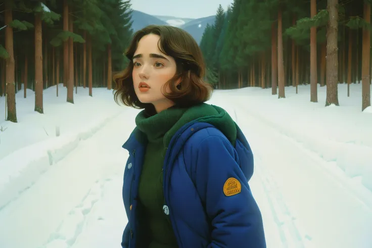 1997, Berkshire County, Massachusetts. Pre-raphaelite ((((45-year-old)) Jennifer Connelly)), winter, snow, narrow path in the inmense leafy selvatic forest, ski, ((((warm Clothing from the 1990s)))), ((short bob Hairstyle of the 1990s)), ((Wes Anderson cin...