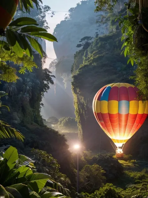 ((top-quality、in 8K、​masterpiece:1.3、Raw photo))、Super high quality photos, Hot air balloon flying high above the vast jungle, Under the balloon is a vast tropical jungle, (Photorealistic: 1.4), (hyper realisitic: 1.4), (Realistic: 1.3), (Smooth lighting: ...