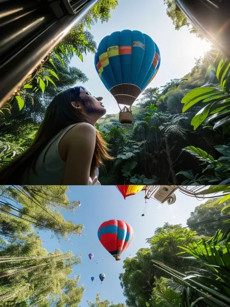 ((top-quality、in 8K、​masterpiece:1.3、Raw photo))、Super high quality photos, Hot air balloon flying high above the vast jungle, Under the balloon is a vast tropical jungle, (Photorealistic: 1.4), (hyper realisitic: 1.4), (Realistic: 1.3), (Smooth lighting: ...