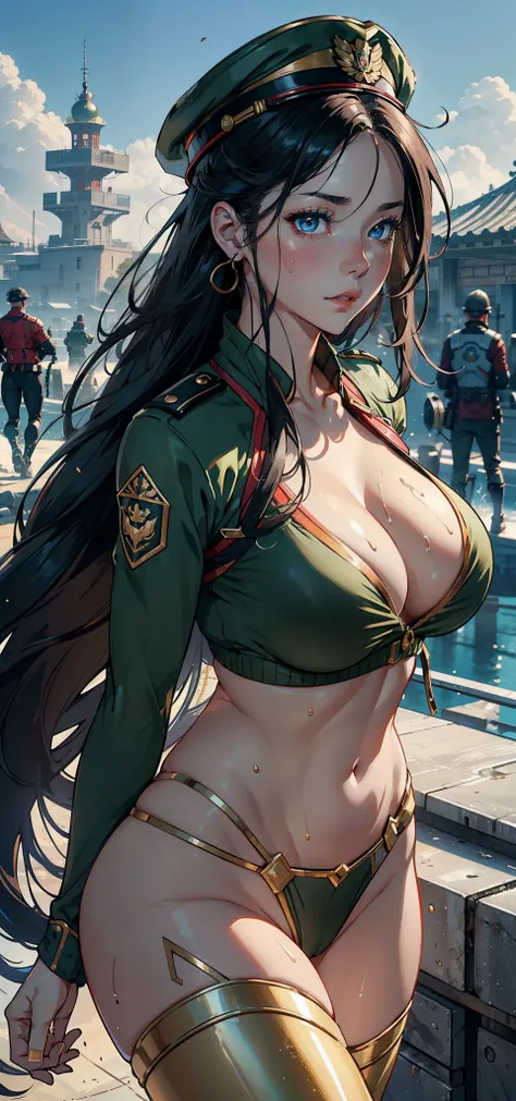 1 woman，33yo，熟妇，mature，very big boobs，big chest and thin waist，long leges，Raised sexy， photos exposed， 独奏，Beauty contests，The stands up（Background with：Mare，snow mountains，sandbeach，ln the forest）On warships， She has long black hair，long hair floating in t...