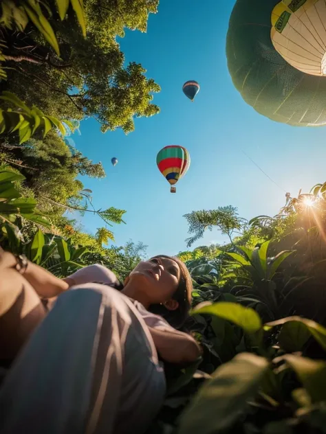 ((top-quality、in 8K、​masterpiece:1.3、Raw photo))、Super high quality photos, Hot air balloon flying high above the vast jungle, Under the balloon is a vast tropical jungle, (Photorealistic: 1.4), (hyper realisitic: 1.4), (Realistic: 1.3), (Smooth lighting: ...