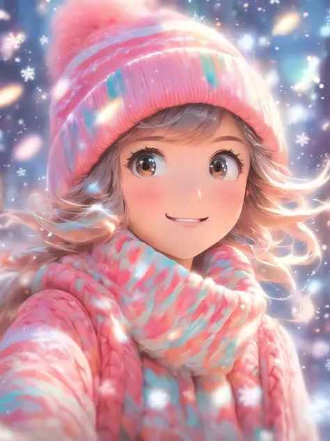 wearing a pink knitted hat，Snowflakes and stars on pink and blue background, Ayako Rokkaku no Pastel, Tumbler, holography, light snowing, pastel faded effect, snowy background, light snowing, background is heavenly, Dancing snowflakes, Snowflower, Gentle b...