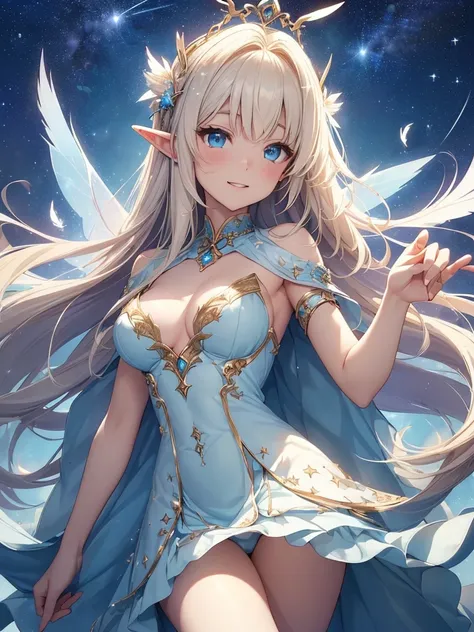 top-quality、Top image quality、​masterpiece、Full body naked girl((20yr old、Best Bust、big bast、Bust 90,Beautiful blue eyes、,Blonde long hair、A slender、Fairy feathers、fly in the sky in close-up、sideways Facing、Floating in the light、beautiful tiara、hiquality、B...