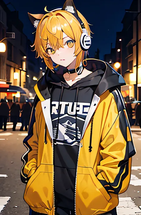 8K分辨率、((top-quality))、((​masterpiece))、((ultra-detailliert))、1 woman、独奏、incredibly absurdness、Oversized hoodies、headphones、Street、plein air、Sateen、neons、Shortcut yellow Haired、Brightly colored eyes、Hands in pockets、orange open jacket, black shirt, black ca...