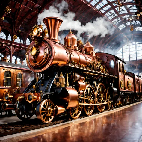 steampunk, steam-powered copper and brass locomotive sitting in a brightly lit train station.