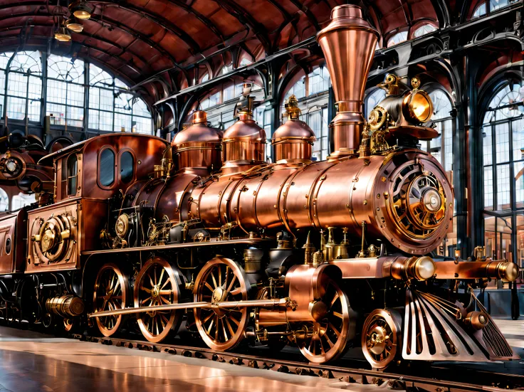 steampunk, steam-powered copper and brass locomotive sitting in a brightly lit train station.