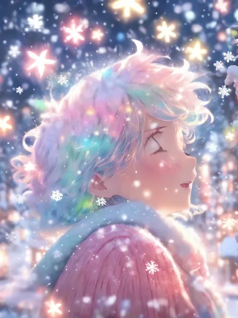 wearing a pink knitted hat，Looking up at the sky，Snowflakes and stars on pink and blue background, Ayako Rokkaku&#39;s pastel, Tumbler, holography, light snowing, pastel faded effect, snowy background, light snowing, background is heavenly, Dancing snowfla...