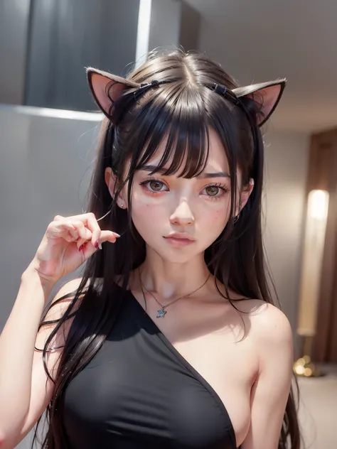 There is a woman with long hair and cat ears, ulzzangs, She has black hair，With bangs, 8K selfie photo, Brutal Korean Goth Girl, xintong chen, Xision Wu, kanliu666, lalisa manobal, Young cute asian face, Blunt bangs fell on her forehead, hair blackbangs ha...