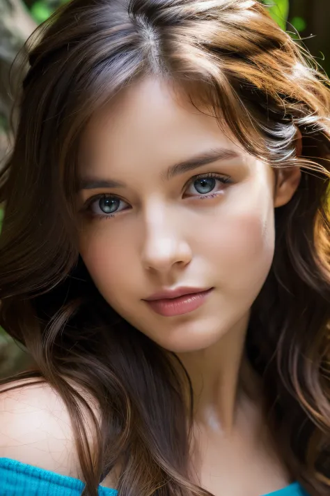 (Close-up of the face only), In front of a large waterfall in the forest,25 year old Caucasian girl with dark brown curly hair, ((facial close-up)), Betrayed, In front of a large waterfall in the forest, ​masterpiece, top-quality, hightquality, hight resol...