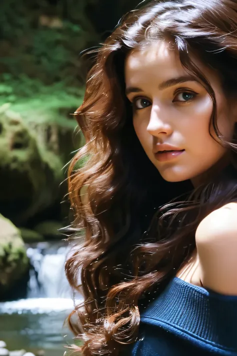 (Close-up of face only), In front of a large waterfall in the forest,25 year old Caucasian girl with dark brown curly hair, ((facial close-up)), Betrayed, In front of a large waterfall in the forest, ​masterpiece, top-quality, hightquality, hight resolutio...