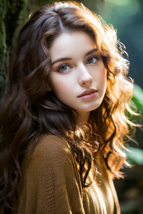 In front of a large waterfall in the forest,25 year old Caucasian girl with dark brown curly hair, (facial close-up), Betrayed, In front of a large waterfall in the forest, ​masterpiece, top-quality, hightquality, hight resolution, facial close-up