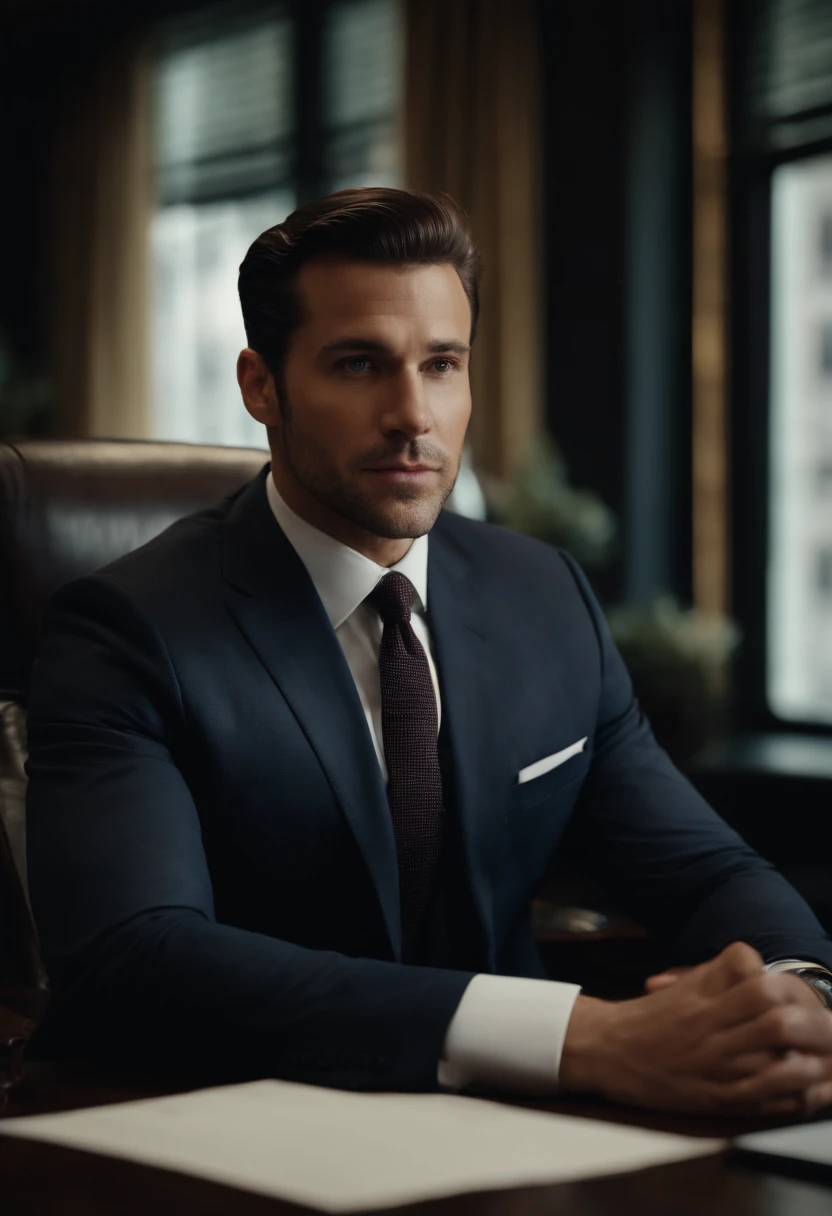 Portrait of New York businessman sitting behind desk in suit This man must be handsome and elegant Images must be 8K、Behind him you need to see New York、Facing the front、Looking at the camera