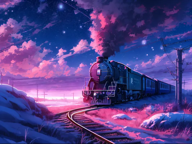 anime scenery of a huge train running on a vast winter plains under a starry night, purple pink sky, half moon, winter, snowy,train focus, view from under , anime art wallpaper 4k, anime clouds, makoto shinkai cyril rolando, by sylvain sarrailh, anime art ...