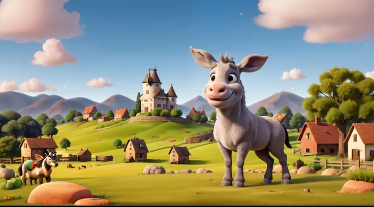 Depict a Disney-style illustration of a donkey with lively eyes reflecting its wisdom. The donkey has a gray fur coat, stands on all fours with an illuminated face. The donkey gazes around, and the surrounding farm landscape is painted with warm and reassu...