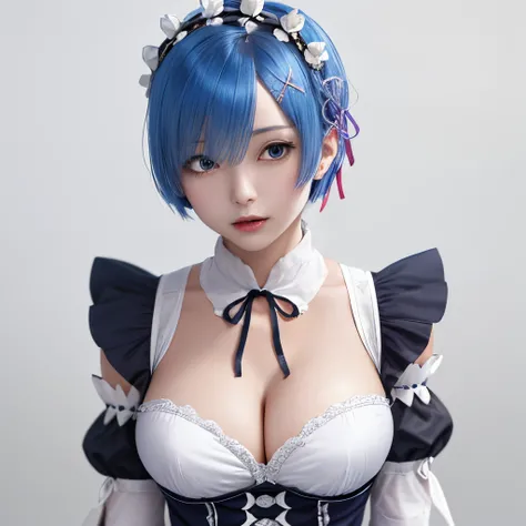 highres, sharp focus, pixiv masterpiece, ((intricate details)), highly detailed, upper body, 1girl, rem_re_zero, blue hair, short hair, maid uniform, hair ornament, cleavage, maid headdress, detached sleeves, ribbon,