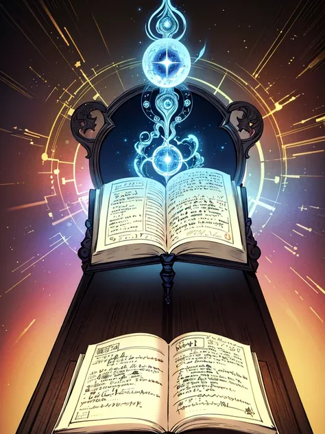 ((masterpiece)), top quality, best quality, highres, nomura tetsuya, fantasy00d, simple background, (magical spell book surrounded by blue aura), ultra-detailed,