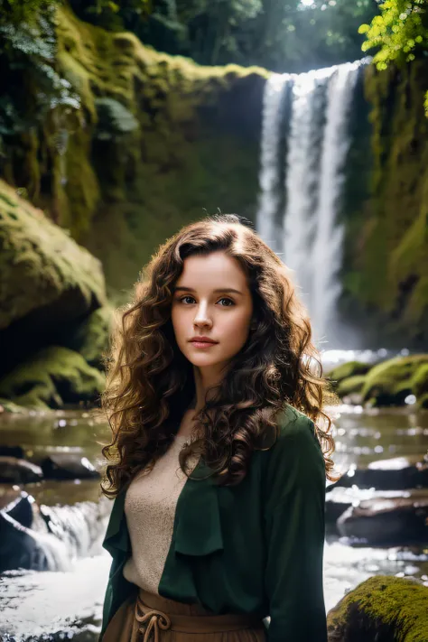 In front of a large waterfall in the forest,25 year old Caucasian girl with dark brown curly hair, Betrayed, In front of a large waterfall in the forest, ​masterpiece, top-quality, hightquality, hight resolution