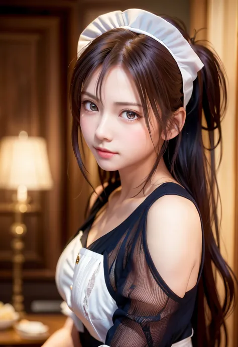 8K, of the highest quality, masutepiece:1.2), (Realistic, Photorealsitic:1.37), of the highest quality, masutepiece, Beautiful young woman, Pensive expression,、A charming、and an inviting expression, Cute Maid Clothes, Hair tied back, Cinematic background, ...