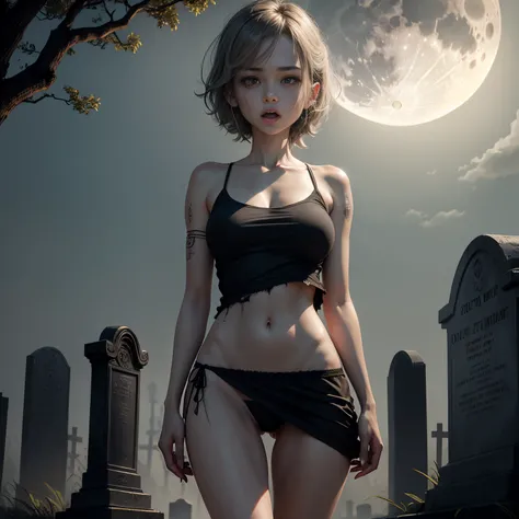 Anime style, best possible quality; Simple cemetery, a dry tree with an owl on the branch, tombs and graves, a zombie young zombie woman, grayish color, dirty and worn t-shirt showing off her shoulders, in black panties, extend your hands as if you were go...