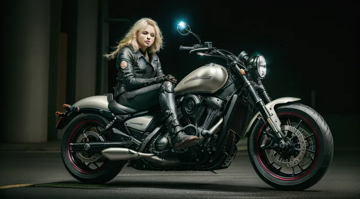 beautiful blonde sits on a motorcycle in the dark, picture of a female biker, sitting on cyberpunk motorbike, sitting on a motor...