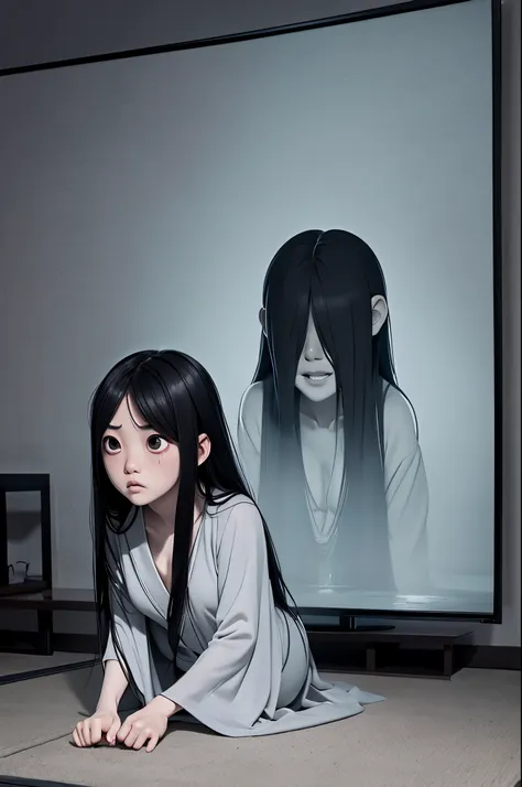 sadako, soaking, wet robe, gray colored skin, hair covers the face, sexy for.sadako crawled out of the tv，a woman lying on the f...