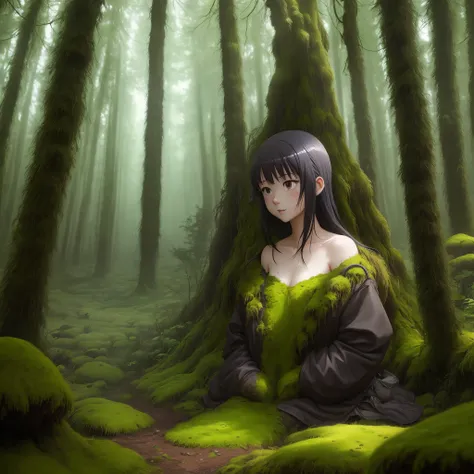 Person covered in moss, anime