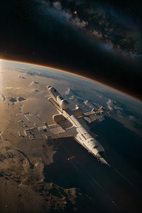 In space, a space shuttle flies to Mars, realistic, hyper-realistic, bright picture, different machines, starry sky, during the day, unveiling large mechanical details, super wide angle, birds eye view, high reality, light and dark