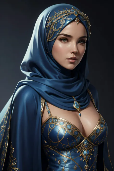 Arielle Kebbel, sexy clothes wearing a hijab made of blue with jewelry and diamonds, character portrait, 4 9 9 0 s, long hair, intricate, elegant, highly detailed, digital painting, artstation, concept art, smooth, sharp focus, illustration, art by wlop, c...