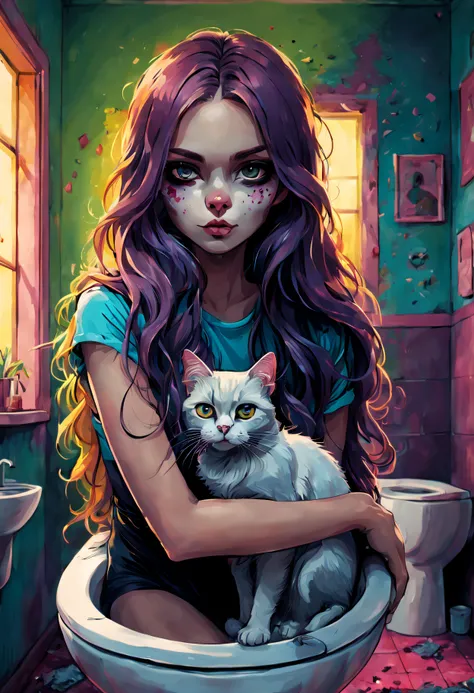 A girl with a cat face standing in the toilet、Sexy eyes、Fine Art、Spooky、Beautiful scenes、Beautiful eyes、Beautiful posture、beautiful colored long hair、Depth of subject、detail portrayal、masutepiece、(flat-colors:1.3)、(colourfull:1.8)、(Ring:1.2)