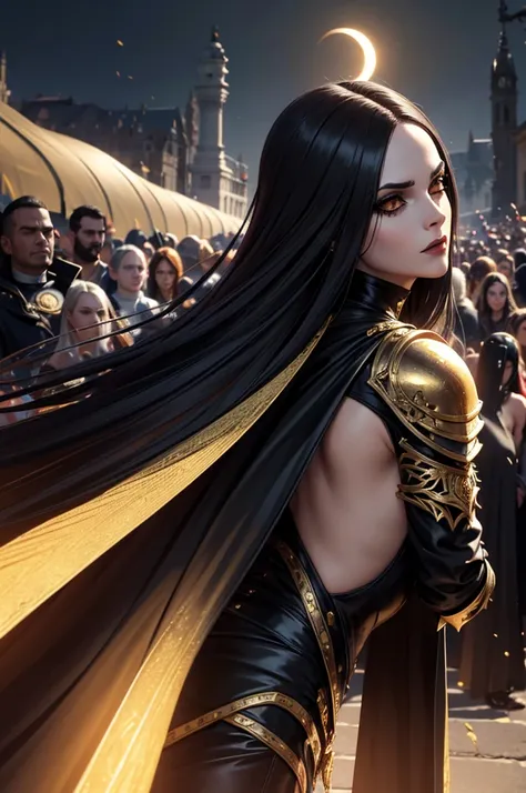 Uma personagem feminina usando capa com cabelos dourado curto, In the midst of the crowd,eclipse,goth clothing, detalhadas, 8k, magnificent art, dramatic scene, Eclipse at the apex of the image, maga. Gothic armor with gold and black details, vampira, flut...