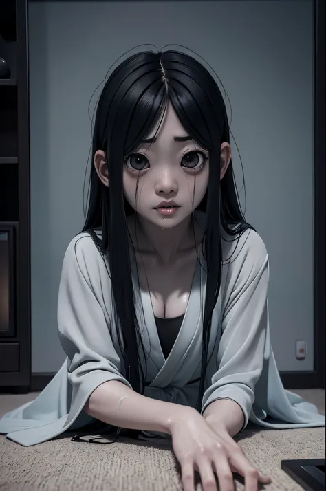 sadako, soaking, wet robe, gray colored skin, hair covers the face, sexy for.sadako crawled out of the tv，a woman lying on the f...