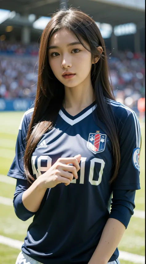 masterpiece, realistic, ultra high quality, beautiful soccer player, japanese, blue navy soccer jersey, long hair, standing, upper body, soccer stadium, looking viewer, sunny day