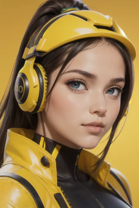 fille aux longs cheveux jaunes, yeux jaunes, vibrations futuristes, masque sur la bouche, casque, 8k, high quality, sinple backg...