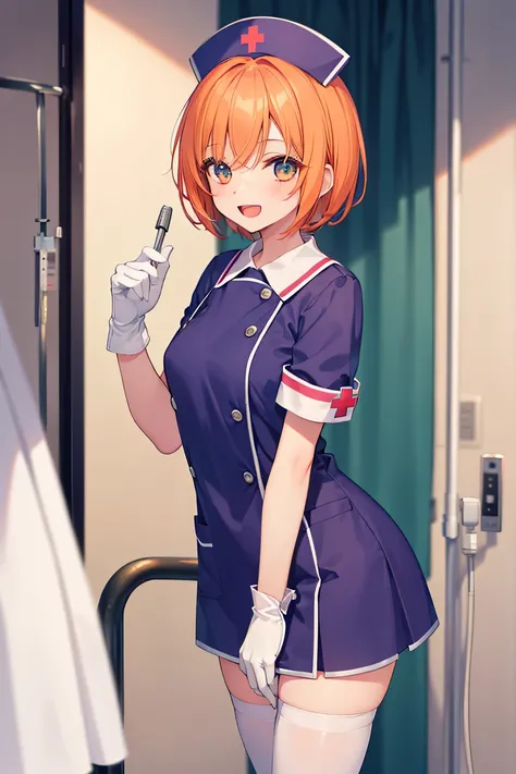 1girl, solo, nurse, nurse cap, white wear, ((white legwear, zettai ryouiki)), white gloves, very short hair, orange hair, smile, open mouth, standing, ((hospital room)), sharp outline, short sleeves, tomboy, boyish, best quality, masterpiece