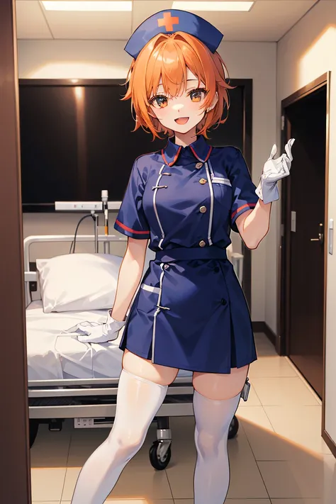 1girl, solo, nurse, nurse cap, white wear, ((white legwear, zettai ryouiki)), white gloves, very short hair, orange hair, smile, open mouth, standing, ((hospital room)), sharp outline, short sleeves, tomboy, boyish, best quality, masterpiece