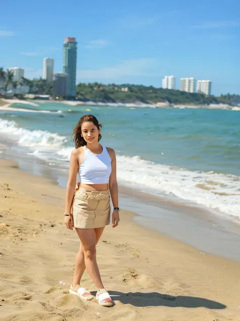 there is a woman standing on the beach with a kite in the air, posing on a beach with the ocean, standing at the beach, in a beachfront environment, standing in sand, standing on a beach, on the sand, wearing crop top and miniskirt, standing near the beach...