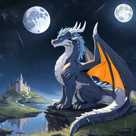 Side view, Solo, dragon, feral, silver body, black and white stripes, orange belly, two horns, white horns, hair, blue hairs, fangs, white fangs, detailed scales, dragon wings, yellow wings, blue eyes, sitting, happy, long tail, on plains, castle in the ba...