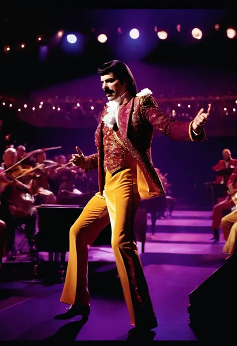 The image is of Freddie Mercury in a majestic purple velvet suit, energetically performing on stage with a symphony orchestra in the background.,original,Freddie Mercury